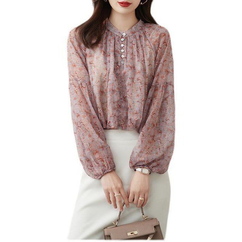 Camisa Elegante Estampada de Manga Farol para Mujer Primavera Moda Versátil Suelta Botón Cuello O Jerséis Blusa