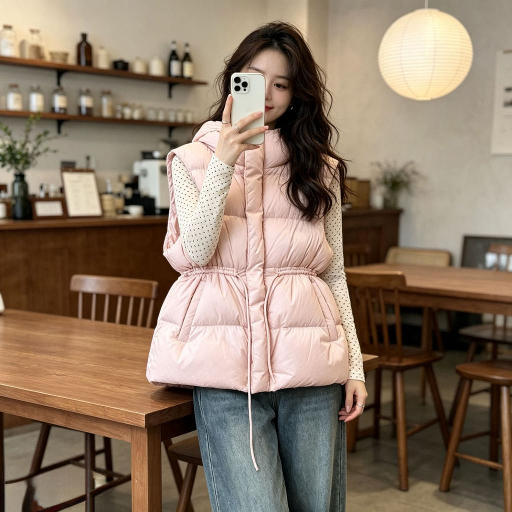 European winter new down cotton drawstring cotton vest women's medium and long warm waist slim vest jacket