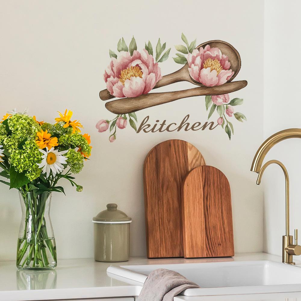 Colher de Pau Criativa Flor Slogan Inglês Cozinha, Sala de Jantar Embelezamento de Fundo para Casa Adesivos de Parede
