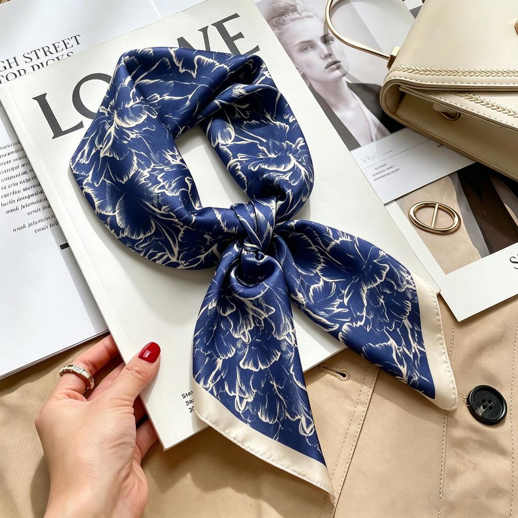 Commuter elegant flower silk scarf women's contrasting color retro printing satin scarf shirt with multi-purpose decorative small scarf