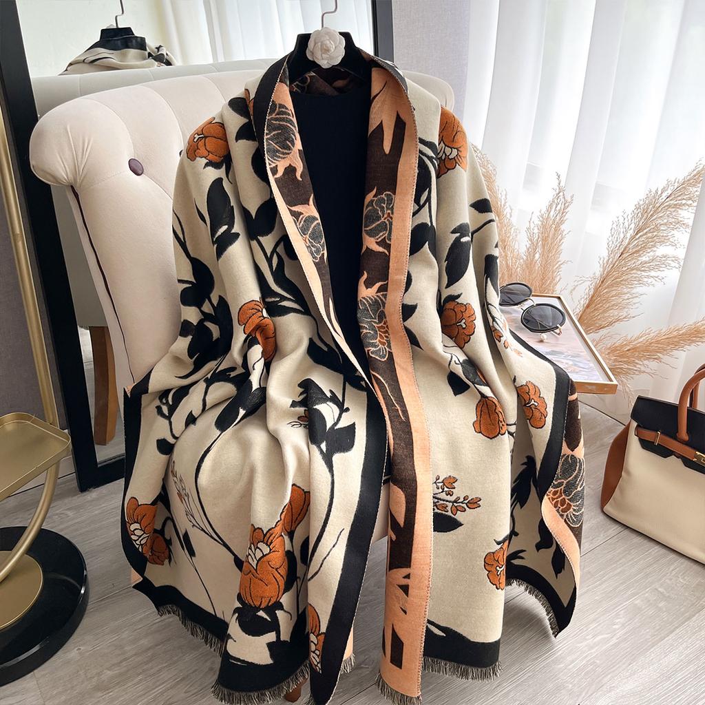 Ladies' Thickened Luxury Winter Flower Scarves Two-Sided Faux Cashmere Jacquard High-Quality Wool Pashmina Wrap