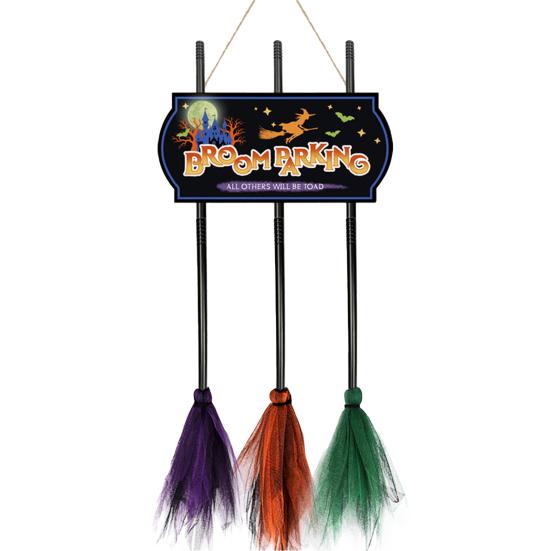 Hanging Broomstick Holiday Ornaments Halloween Broom Parking Sign with 3 Witch Brooms, Hocus Pocus Themed Wooden Sign, Yard And Porch