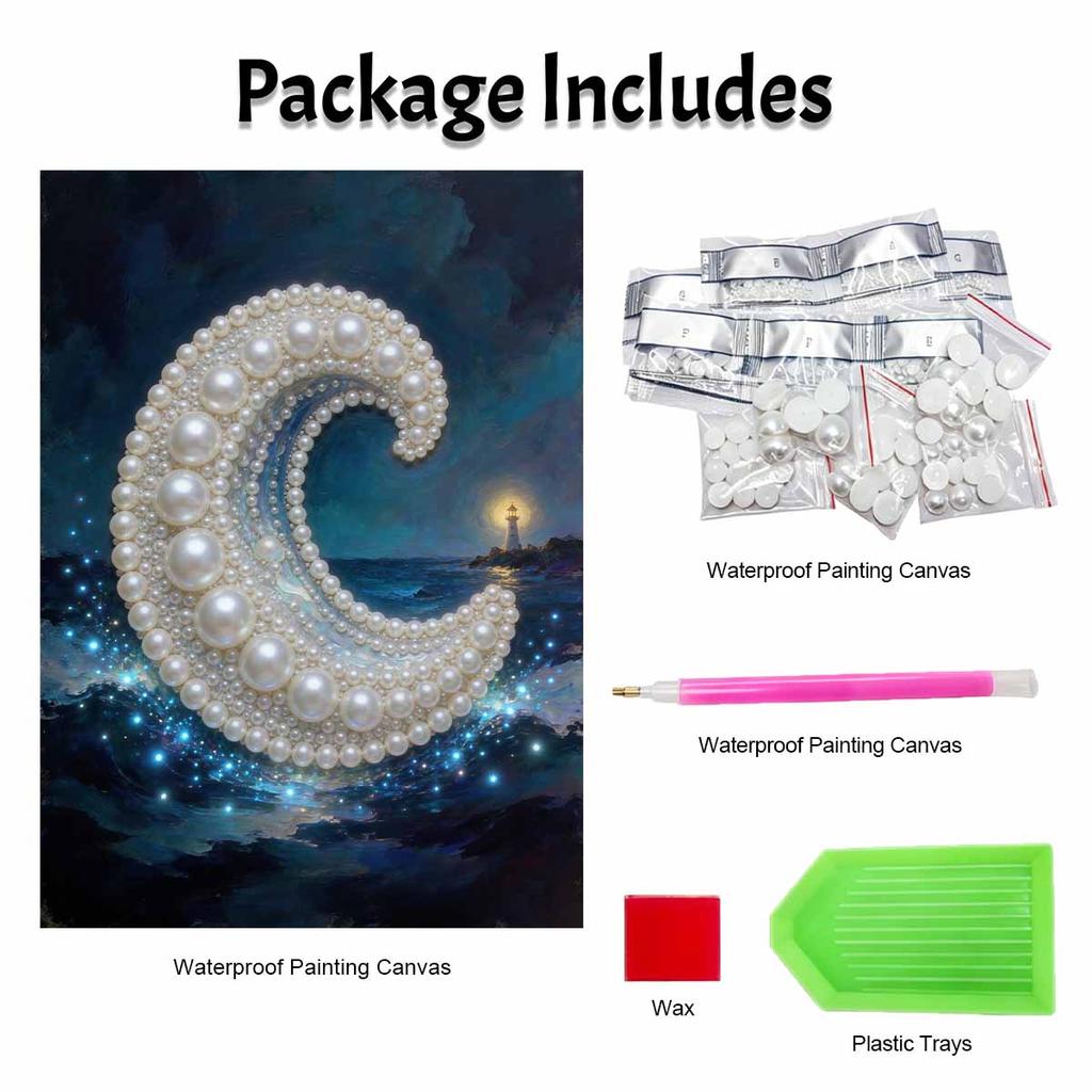 Glowing Pearl Crescent Moon and Lighthouse Diamond Painting Art Kit. DIY Gemstone Beading Craft Kit. Ocean Night Scenery Home Wall Decoration