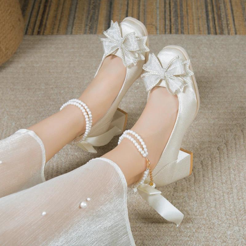 Fashion Elegant Pearls Ankle Strap Pumps Women Spring 2025 Square Toe Crystal Buckle Mary Janes Woman High Heels Party Wedding Shoes 40