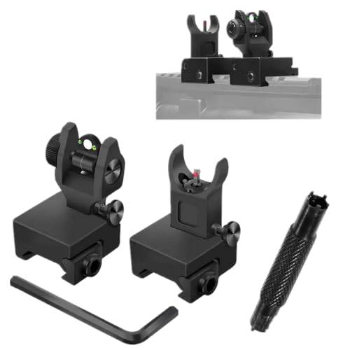 HWZ Tactical Low Fiber Optic Iron Combat Folding Fiber Optic Front and Rear Sight Set with Aiming Set Adjustment Tool (Black)