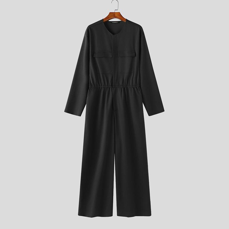 INCERUN Men Collarless Long Sleeve Belt Solid Sports Casual Buttons Long Jumpsuits Rompers