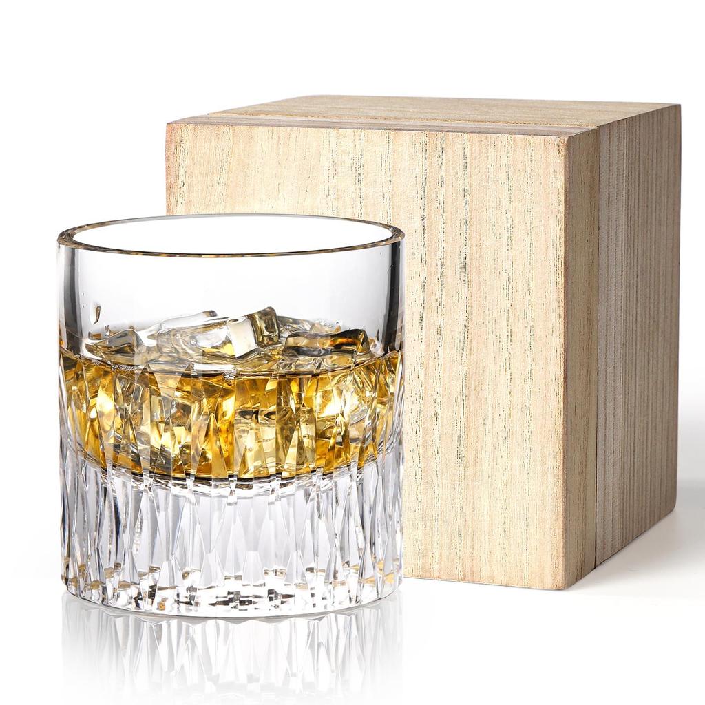 Crystal Rock Glass, Whiskey Glass, Hand-Engraved, 260ml, Thick Base Design, Wooden Box, Gift Set