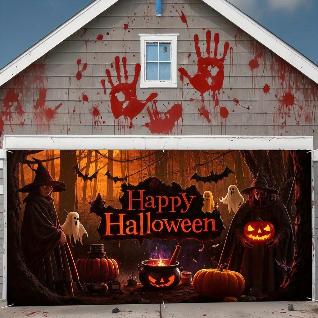 2D flat banner 1PC Halloween garage mystic witch ghost and pumpkin design with "Happy Halloween" text outdoor decorations