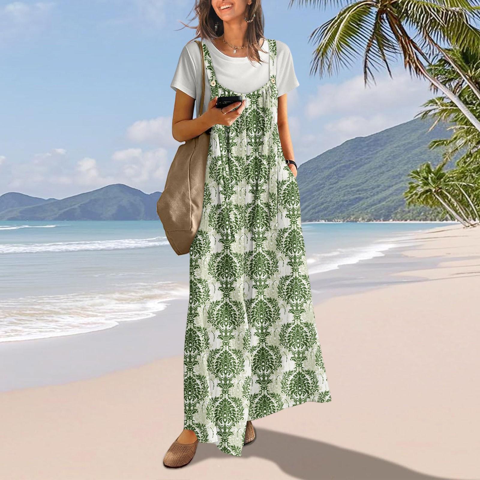 

Повседневные комбинезоны с широкими штанинами для женщин, бохо, с цветочным принтом, плиссированные, летние наряды с карманами L зелёный