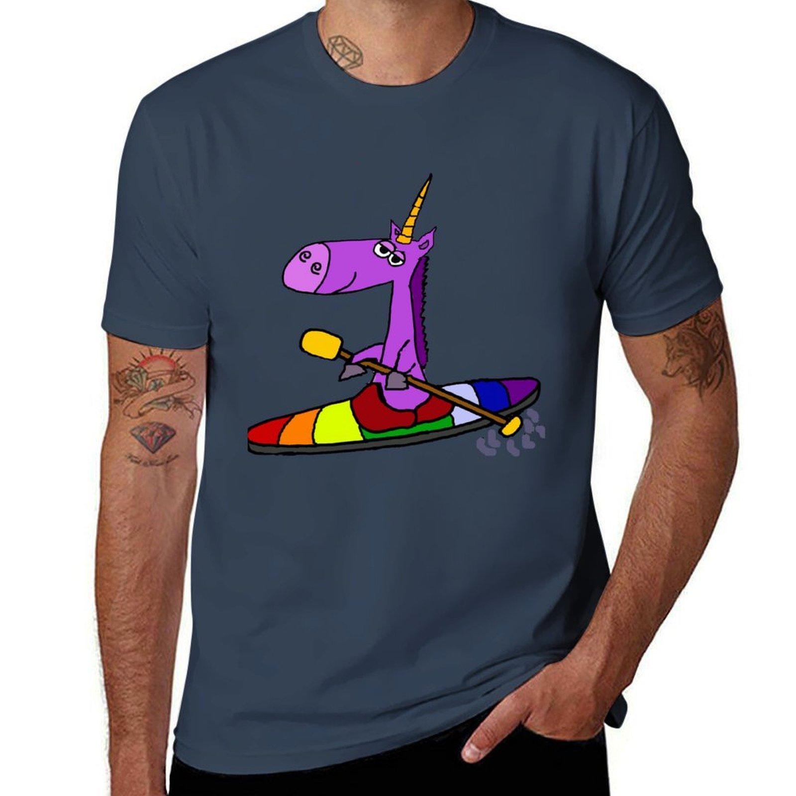 Funny Unicorn in Rainbow Kayak Cartoon TShirt man t shirt summer essential t shirt TShirt S