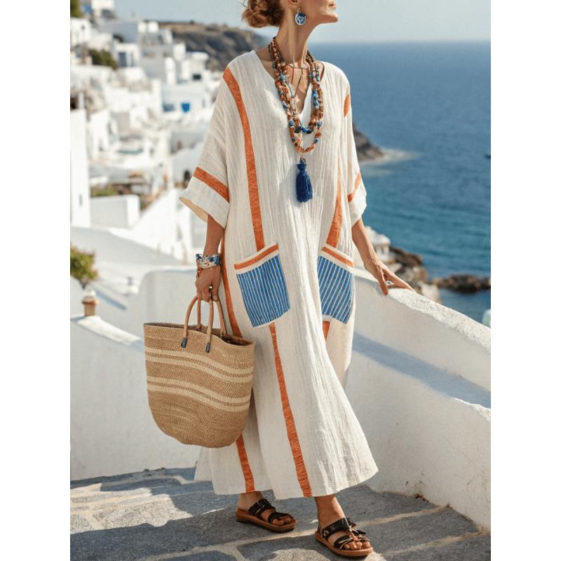 3D digital printing V-neck five-quarter sleeve long pocket Kaftan dress