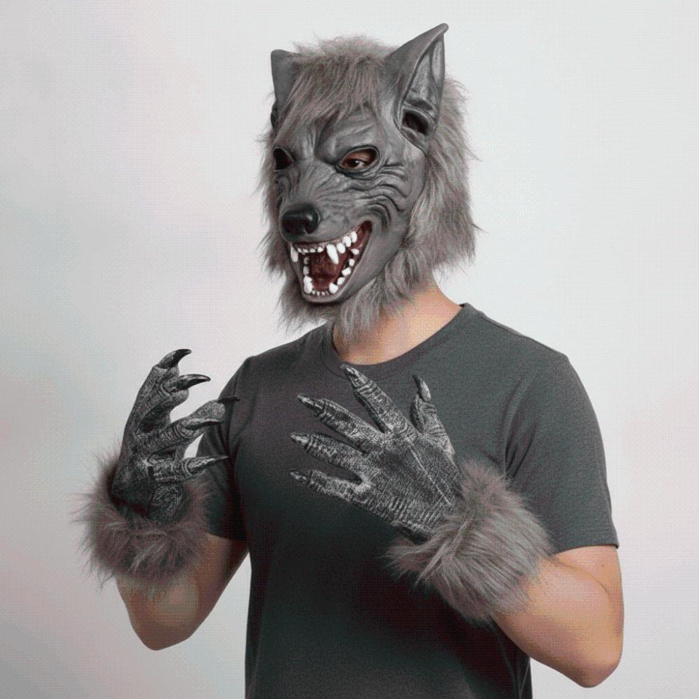 Faux-fur Scary Wolf Headwear Realistic Furry Monster Claws Beast Cosplay Gear Movie Fans