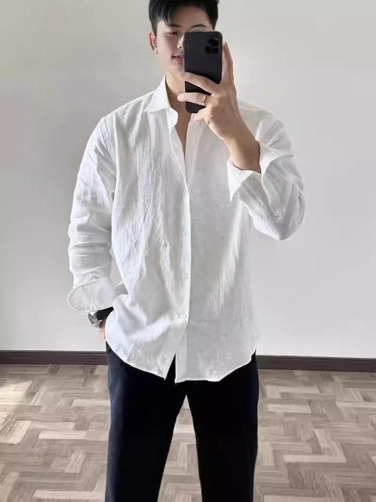 Men's High-End Cotton Linen Crinkled Shirt - Loose, Breathable, Long Sleeve, Sun Protection, Casual Versatile Top