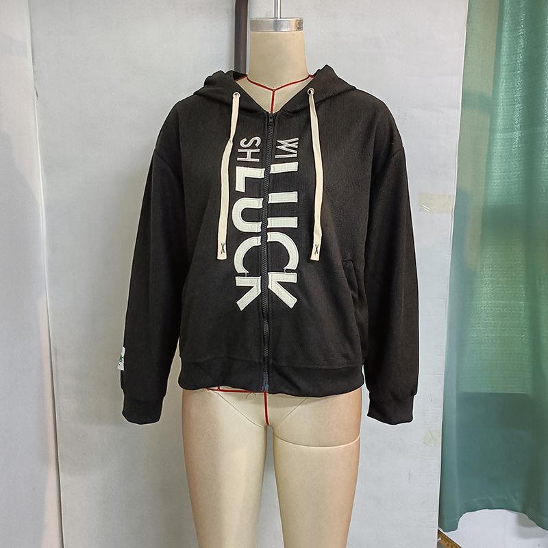 Jachetă Casual de Toamnă pentru Femei, Largă, cu Mâneci Lungi, cu Glugă, Imprimeu cu Litere