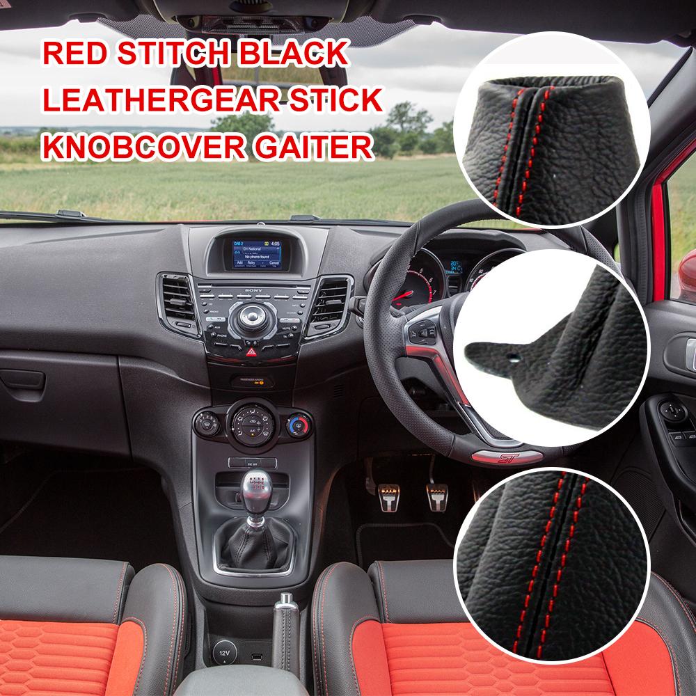 For Ford Fiesta Mk7 2008-2013 Red Stitch Black Leather Gear Stick Knob Cover Gaiter Interior Accessories Gear Shift Collars