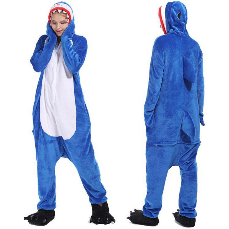 Adult Blue Shark Animal Flannel Cosplay Costume Pajamas Onesie Sleepwear Outfit Comfortable Soft Warm