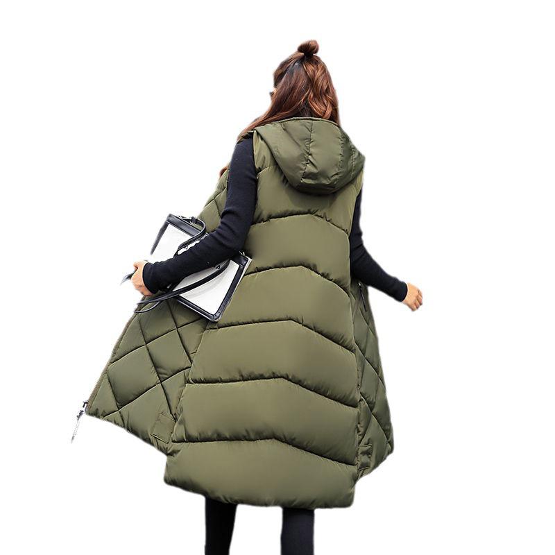 Hooded Women's Sleeveless Down Cotton Waistcoat - Mid-Length and Warm