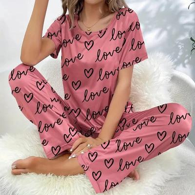 Ladies Pyjamas Dark Pink Letter Printed Short Sleeved T-shirt and Pants Sleepwear With2Pieces Casual Home Wear