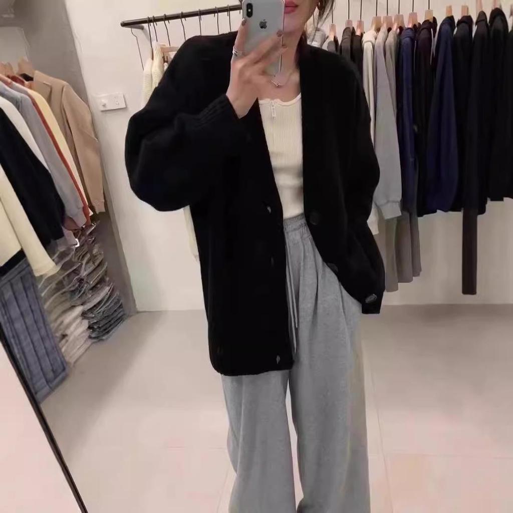 Women's V-Neck 100% Pure Wool Mid-Length Heavyweight Autumn/Winter Cardigan Sweater - Loose Fit with Buttons