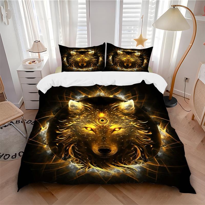 3pcs Golden Wolf Bedding Set - Includes 1 Quilt Cover and 2 Pillowcases, Comfortable Bedding with Stylish Design for Bedroom, Machine Washable -