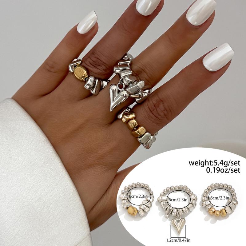 Vintage Irregularity Unique Design Bead Heart-Shaped Pendant Jewelry Set For Women Bracelet Necklace Ring Gift
