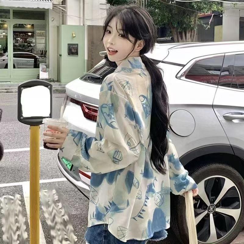 Women's Long Sleeved Shirts Contrast Color Graffiti Printing Versatile Blouses Loose Casual Summer Ladies Jacket