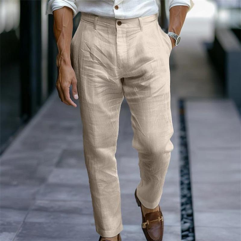 Men's Youth Linen Solid-Colour Slanted-Pocket Breathable Casual Trousers for Everyday Outdoor Wear
