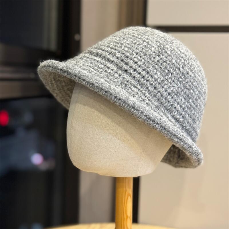 Solid color simple hat women's autumn new knitted bucket hat big head circumference curling edge shows small face versatile basin hat