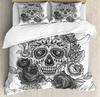 Sugar Skull Duvet Cover Set, Monochrome Skull with Roses Leaves and Diamond Shape Folklore Festival Print,Decorative Bedding Set