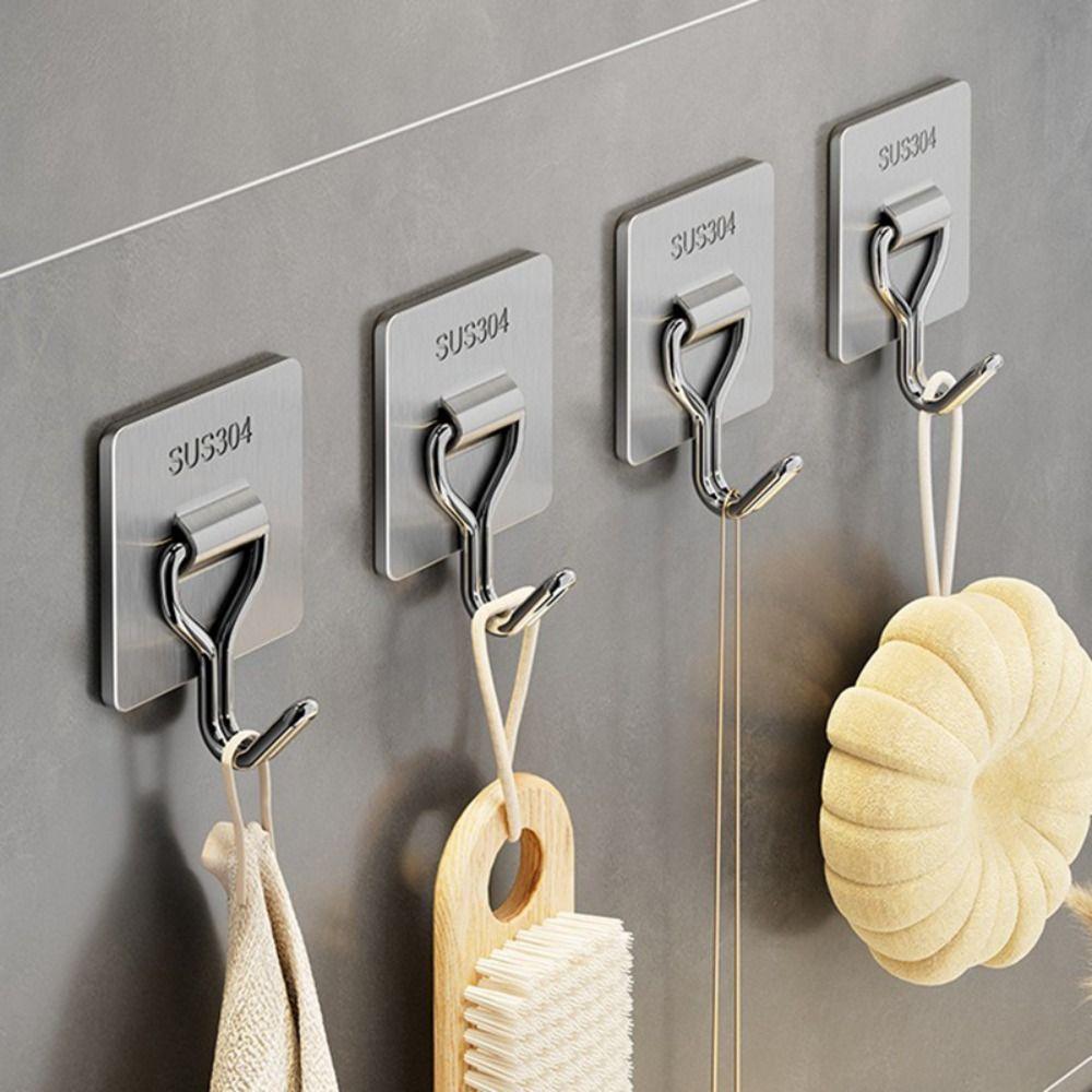 5/8PCS Bear Shape Sticky Hook Stainless Steel Door Behind Hook Self-adhesive Hook  Bathroom Kitchen