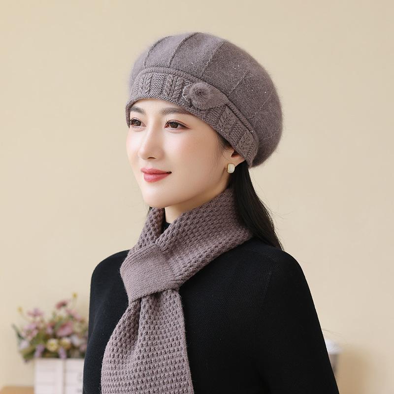 In The Elderly Rabbit Hair Knitted Hat Ladies Beret Fashion Thickened Warm Wool Hat