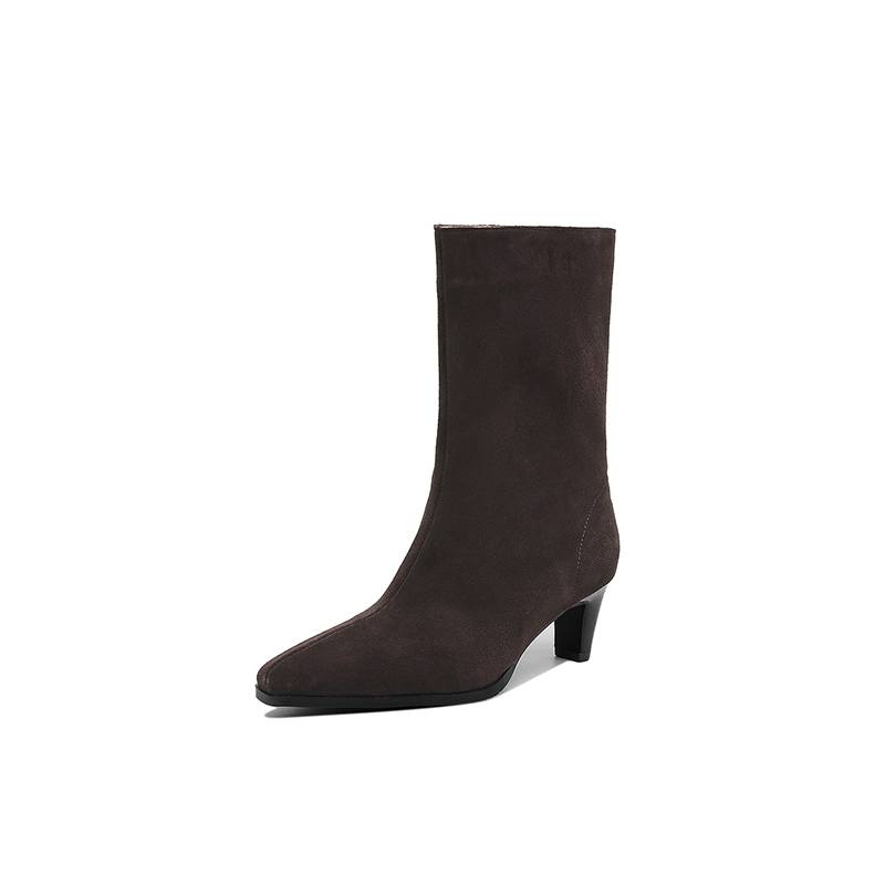Krazing Pot Cow Suede Nubuck Autumn Winter Shoes Thick High Heels Big Size 43 Modern Boots Square Toe Keep Warm Slip on Mid-calf Boots