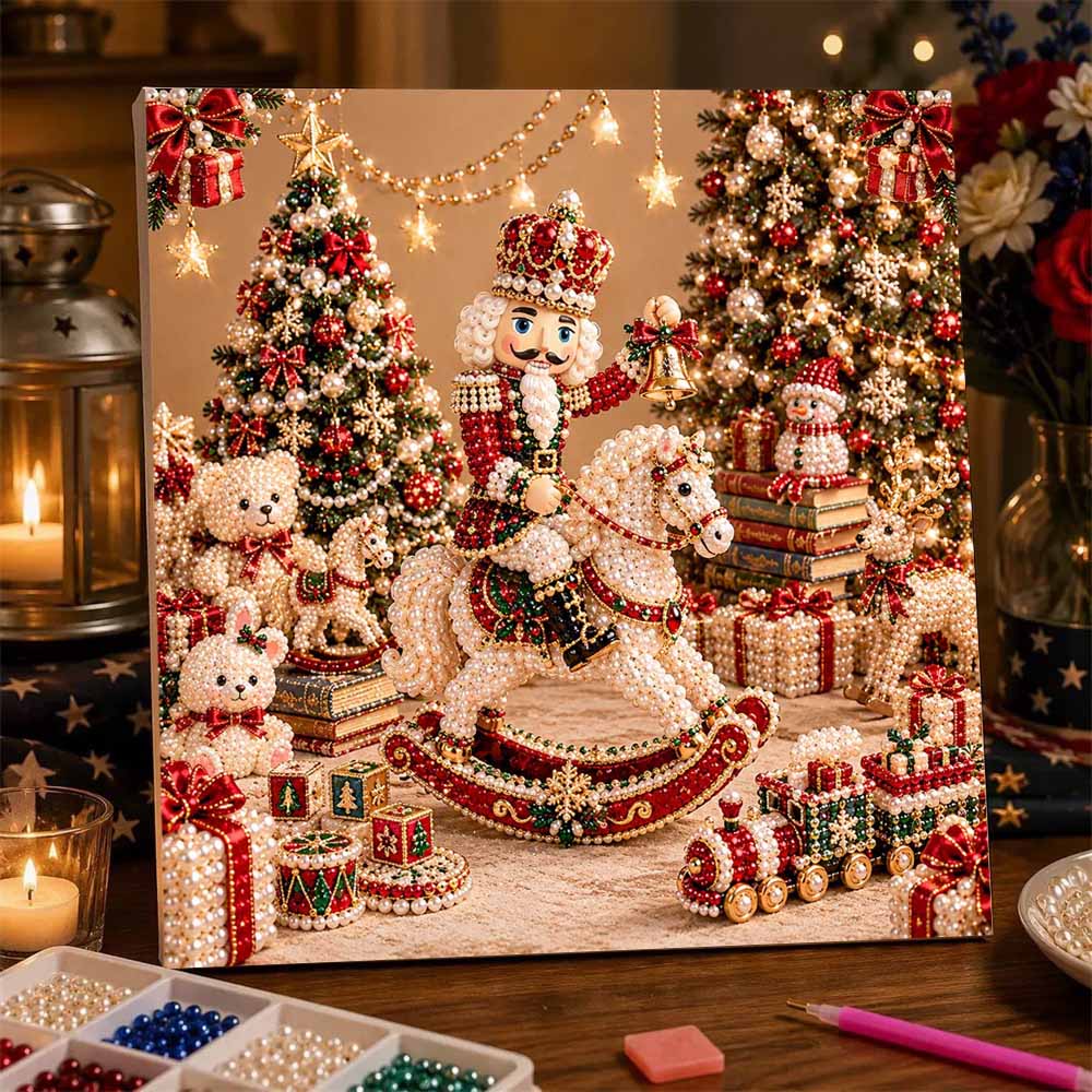 5D Pearl Painting Kit Framed with Christmas Nutcracker on Rocking Horse Design Sparkling Bead Art Canvas DIY Relaxing Craft for Wall Decor Gift
