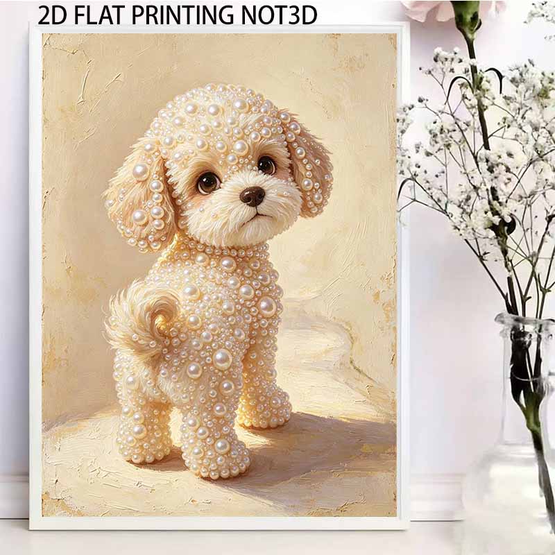 DIY 5D Perlenmalerei-Set mit Rahmen Niedliches Hunde-Design Glänzende Leinwandkunst für Schlafzimmer-Wanddekoration und Besonderes Geburtstags-Feiertagsgeschenk