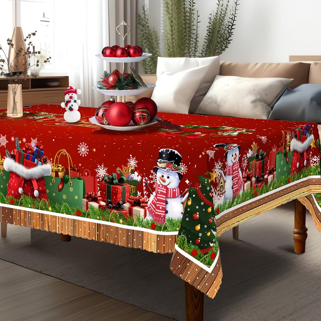 Christmas Snowman Rectangular Tablecloth Winter Snowflake Holiday Kitchen Dining Table Cover Decor
