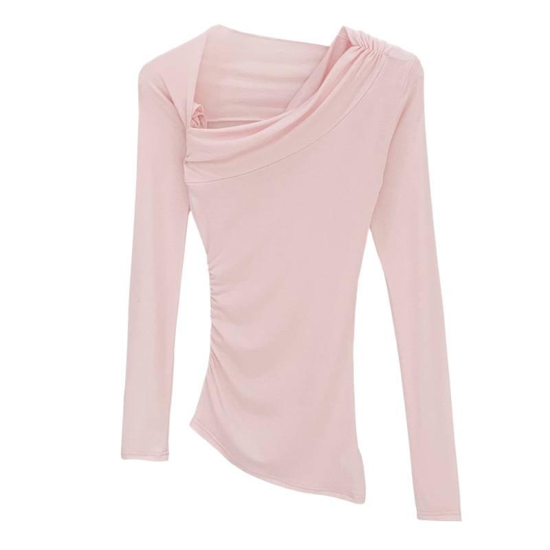 2026 Autumn Off-Shoulder Long-Sleeve Korean Style T-shirt for Women - Simple and Elegant