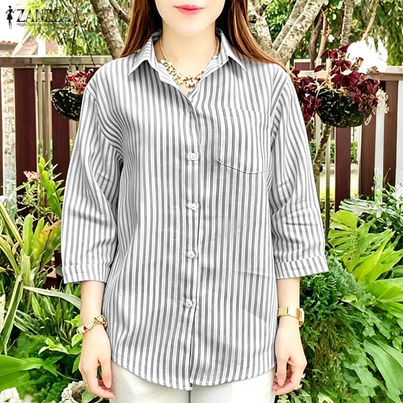 ZANZEA Women Casual Turn Down Collar Stripe Print Loose 3/4 Sleeve Blouse