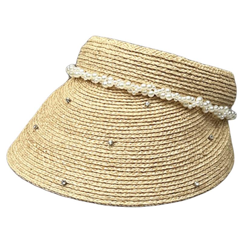 25 Spring And Summer Raffia Roofless Straw Hat Women'S Light Luxury Rhinestone Pearl Empty Top Hat Breathable Sun Hat Design Sense