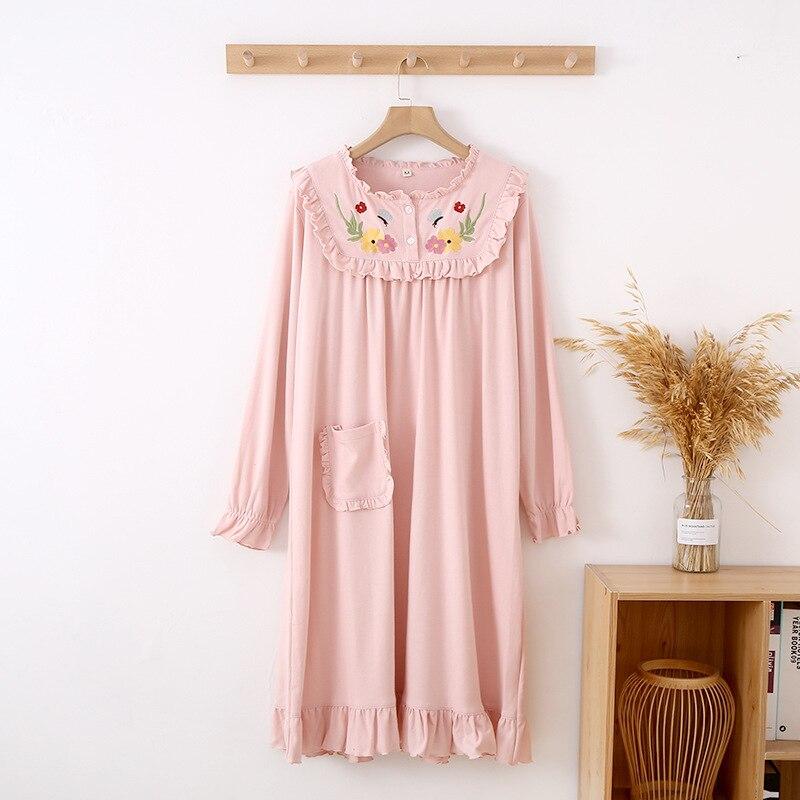 

Новая весенне-летняя женская длинная юбка из 100% хлопка, юбка с длинными рукавами, платье с милой вышивкой, ночная рубашка, домашняя одежда, одежда для сна M розовый