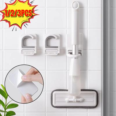 3Pcs Multi-Purpose Plastic Broom Holder Self-adhesive Space Saving Mop Hanger Waterproof Wall Mounted Broom Mop Clip Garage
