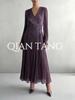 Robe longue plissée en gaze patchwork sexy col en V européenne et américaine 2026