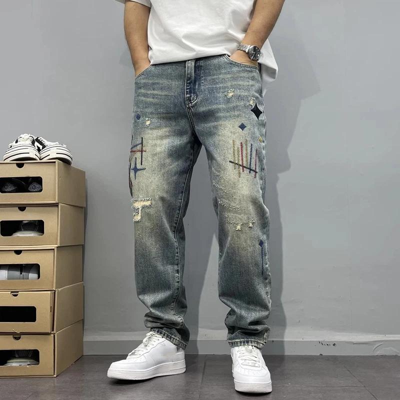 Jeans Rotos Lavados Retro para Hombre Tendencia Sueltos Estampados Rectos