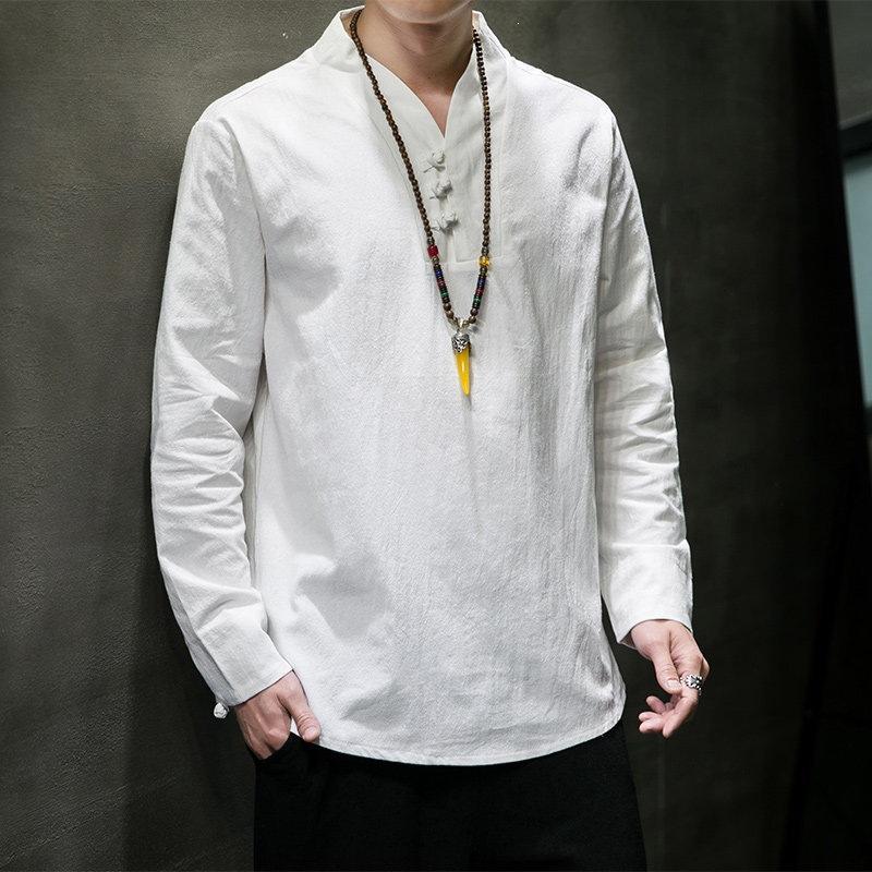 Mens Chinese Style Cotton Linen Stand Collar Long Sleeve Shirt