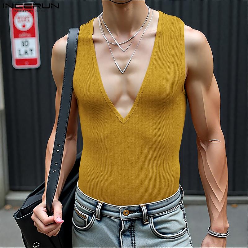 INCERUN Summer Men Deep V Sleeveless Solid Casual Fitted Rib Tank Tops Undershirts