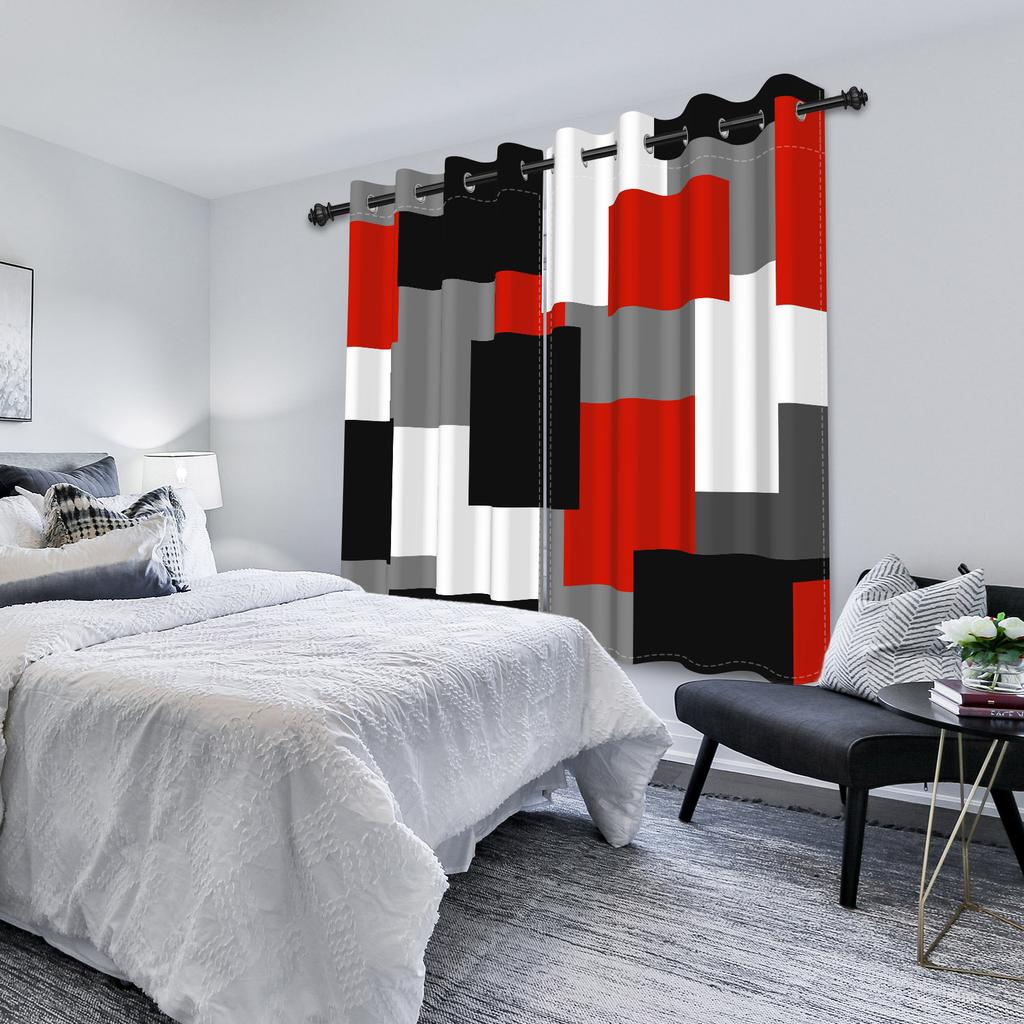 2Pcs Red Black Blackout Curtains for Bedroom Modern Abstract Geometric Living Room Darkening Thermal Insulated Window Drapes