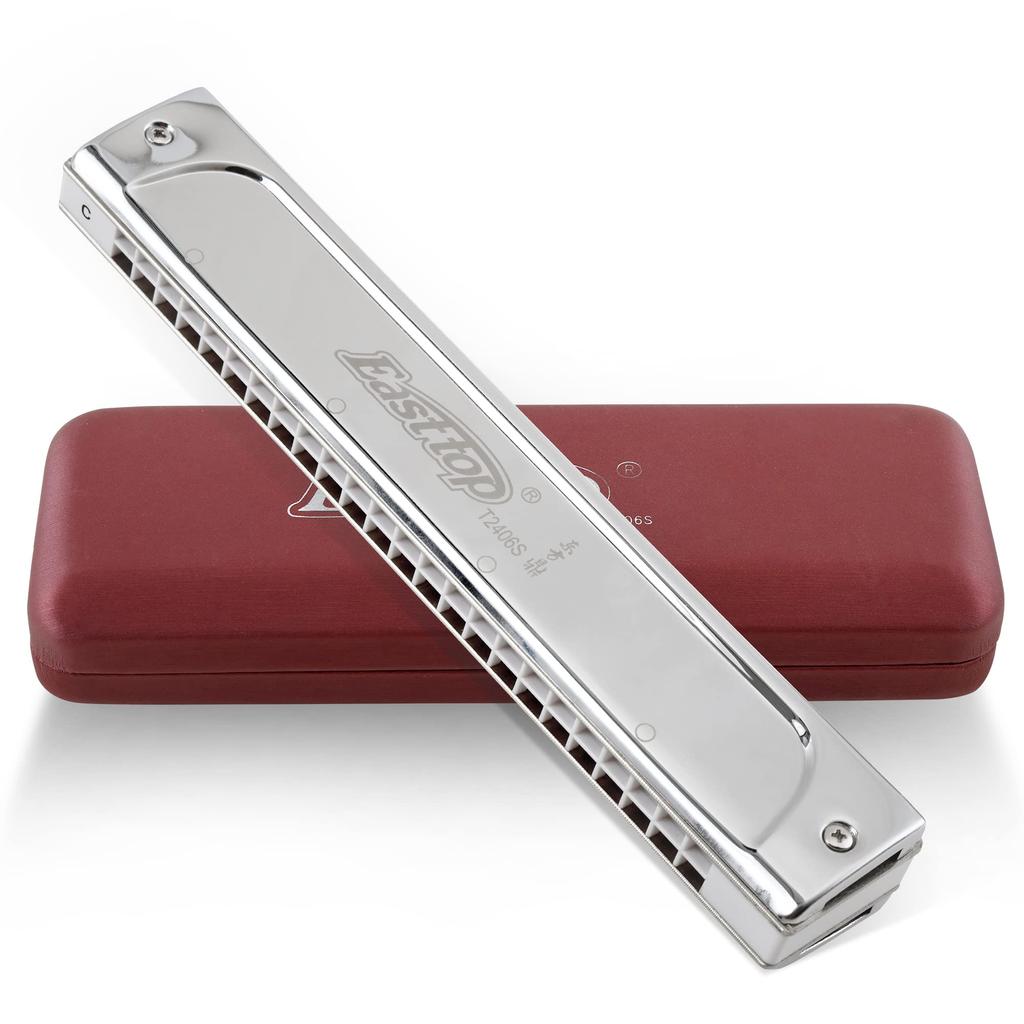 East Top Tremolo Harmonica, C Key, 24 Holes, Brass Cover, Leather Case, Cleaning Cloth, for Beginners, Professionals, Study, and Practice