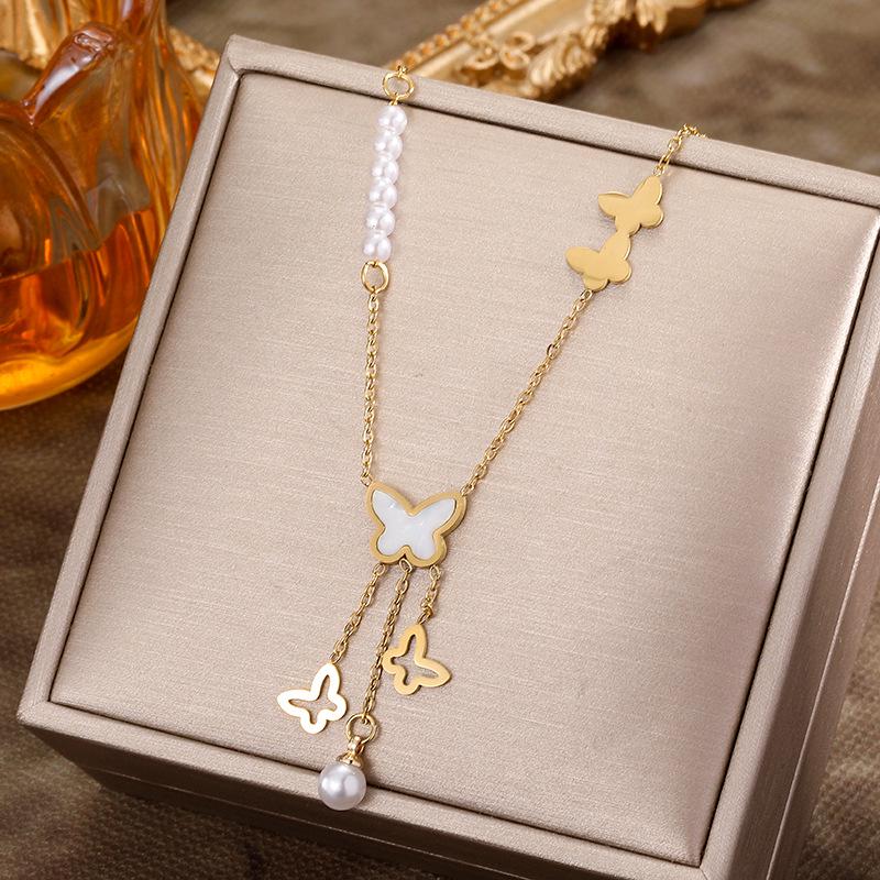White Shell Butterfly Tassel Titanium Steel Necklace: Elegant, Durable, Internet Celebrity Style Clavicle Chain for Women