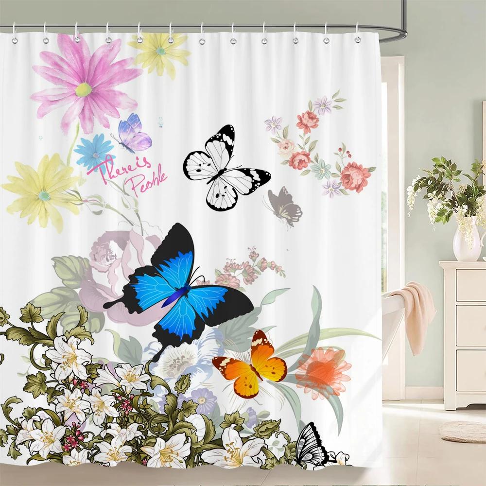 1 Pc Spring flowers and plants pattern Shower Curtain, Waterproof Fabric Bathroom Curtain Machine Washable for Bathtub Decor