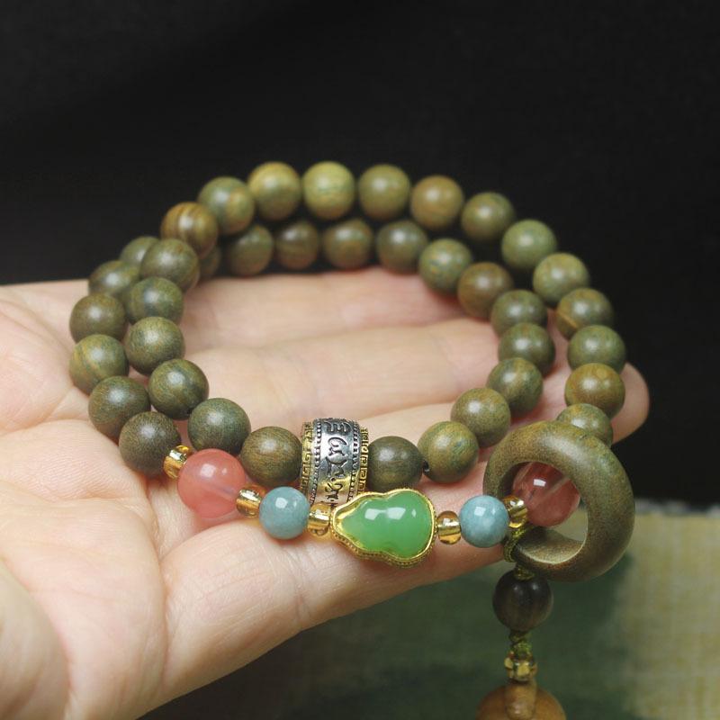 Green Sandalwood 8mm Double Wrap Bracelet Horse & Gourd Pendant Women’s Wooden Gift Jewelry