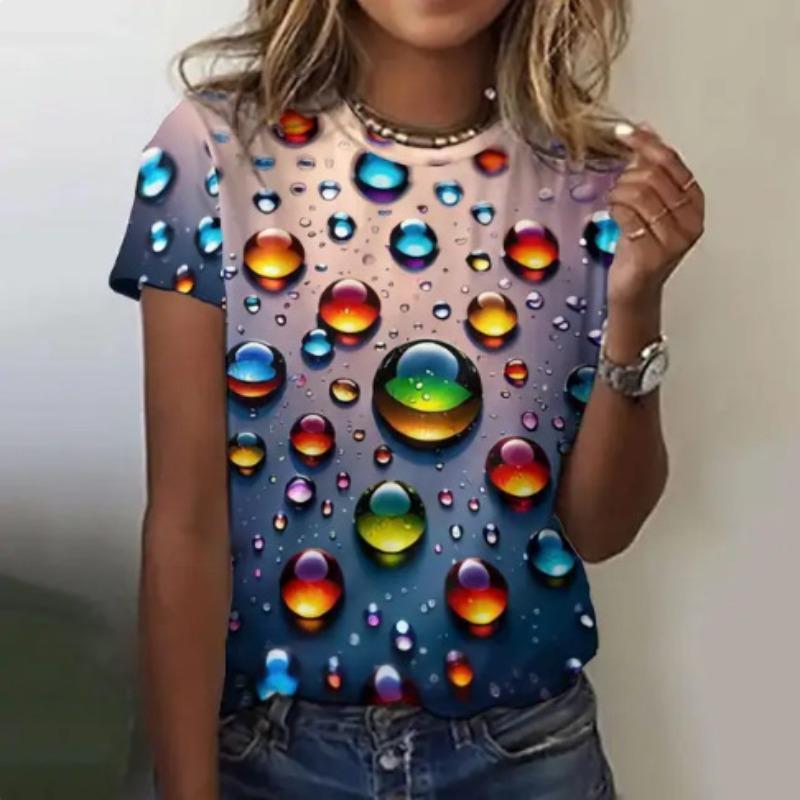 Summer New Women's Loose Shirt, Water Drop Pattern Printing Round Neck Short Sleeves